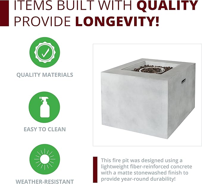 Kinger Home 32-Inch 3-Piece Outdoor Propane Smokeless Concrete Fire Pit Set for Patio, 50,000 BTU CSA Certified, Square, Red Cushion