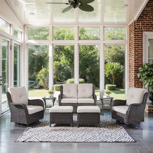 Belord Outdoor Patio Furniture Set - 7 Piece Brown Wicker Conversation Patio Furniture Set All Weather Swivel Chairs with Ottoman and Loveseat Glider Chair for Deck Balcony Backyard