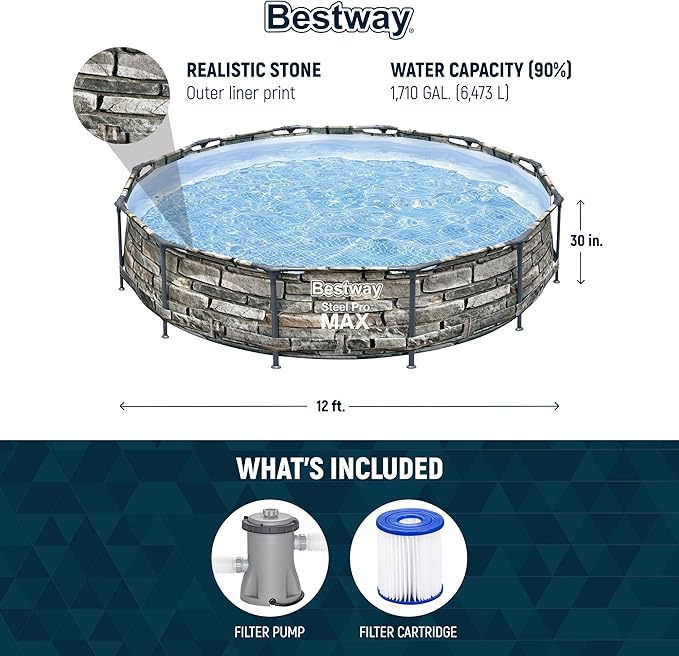 Bestway Steel Pro MAX 12' x 30" Above Ground Pool, Round Metal Frame Outdoor Swimming Pool Set with Filter Pump & Type I Cartridge, Stone Print