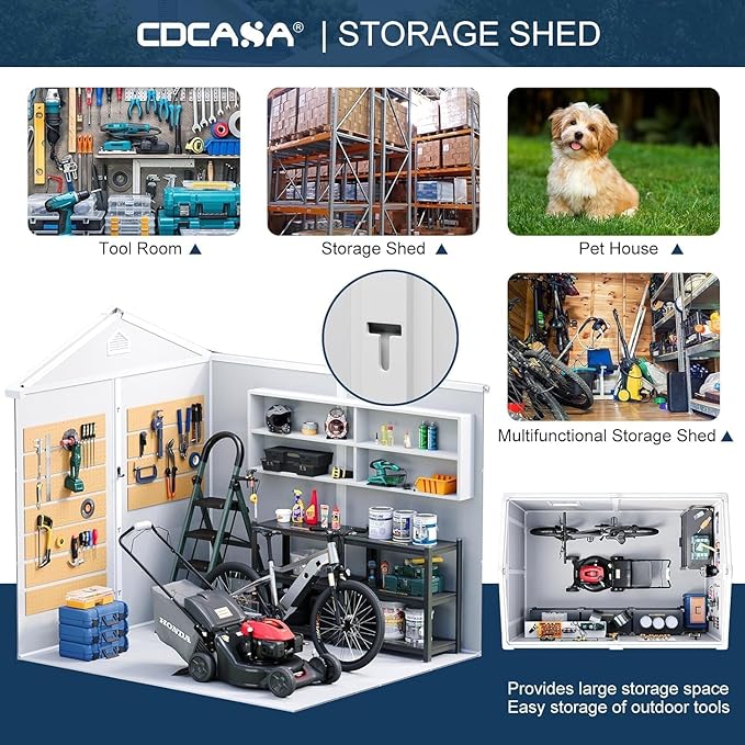 CDCASA 8x6 FT Resin Storage Shed, Waterproof Large Outdoor Sheds with Floor & Lockable Door, 2 Windows,Outside Plastic Tool Shed for Backyard, Patio, Poolside