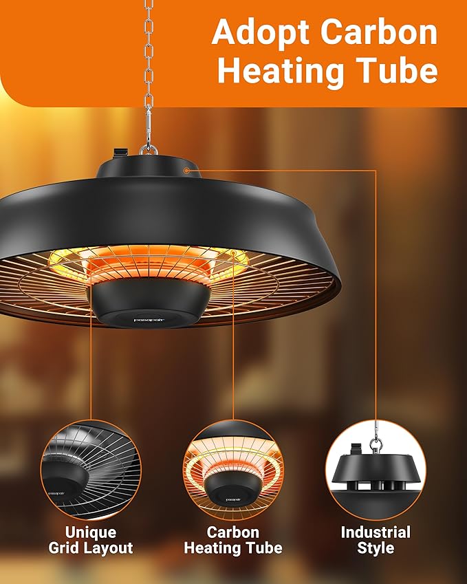 Pasapair Patio Heater - 1500W Outdoor Hanging Heater 3S Fast Heating with Remote - Adjustable Height Waterproof Infrared Mounted for Gazebo - ETL Certified