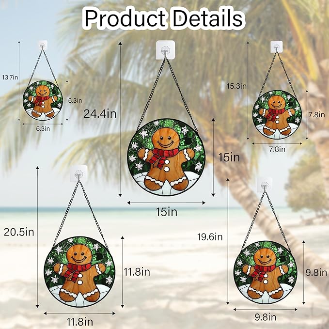 CRISGIF Stained Glass Window Hanging Cute Christmas Gingerbread Man Snowflake Large 15" - Suncatcher Door Garden Sun Catcher Home Decor Birthday for Mom Men Woman Nana Friend