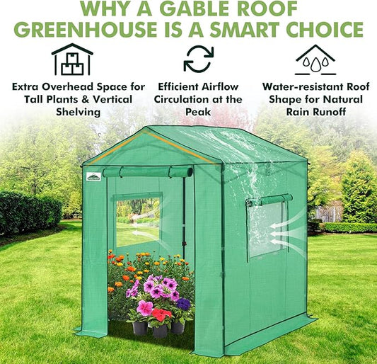 EAGLE PEAK 6x6 Portable Pop Up Greenhouse, Patented Center Lock Easy One Person Setup, Walk-in Outdoor Greenhouse with Gable Roof, Weight Bags, Zippered Doors & Windows, Green