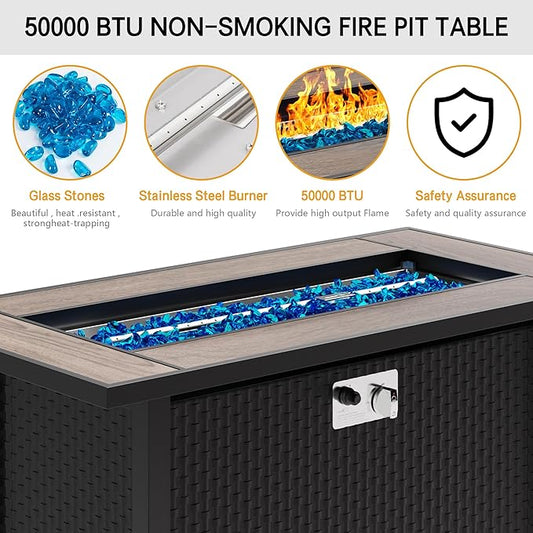 Meilocar 45in Fire Table, Propane Fire Pit with Glass Wind Guard and Rain Cover, Outdoor Firepit Table 50000 BTU 3-in-1 Fire Table for Patio/Yard/Balcony, Walnut Tabletop