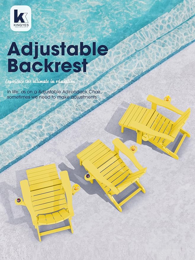 KINGYES Folding Adjustable Adirondack Chair with Ottoman & 2 Cup Holders Set of 2, HDEP Multifunctional Adirondack Chair with Footrest, Yellow