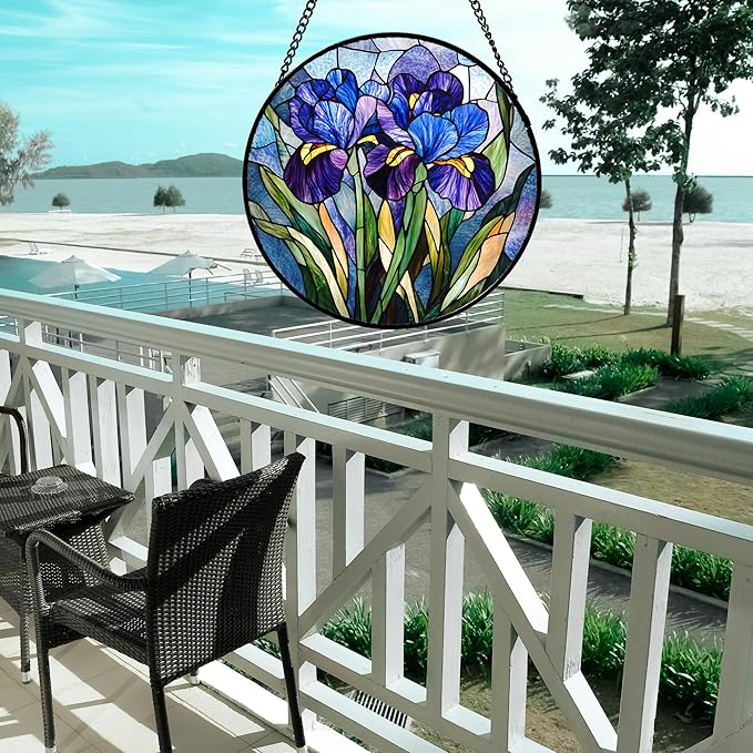 CRISGIF Stained Glass Window Hanging - Blue Purple Iris Flower Suncatcher for Door Garden Patio Sun Catchers Decor Christmas Mother's Day Birthday Gifts for Women Men Mom Nana Aunt Friend 7.8 in