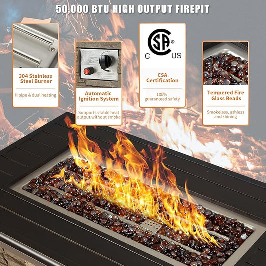 Vicluke 44 Inch Aluminum Propane Fire Pit Table w/Faux Ledgestone, Hand-Painted Table Top, 50,000 BTU Fire Table w/CSA Certification,Waterproof Cover,Glass Rock for Outdoor, Patio, Christmas(Grey)