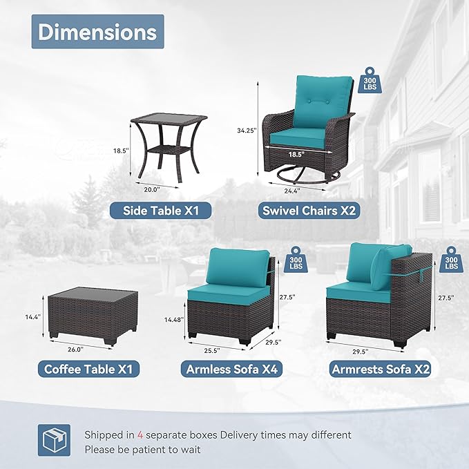 Kurapika 10 Pieces Patio Furniture Set, Rattan Wicker Sofa Set, Outdoor Conversation Sets w/Swivel Rocking Chairs Patio Sectional Sofa w/4 Inch Cushion, Blue