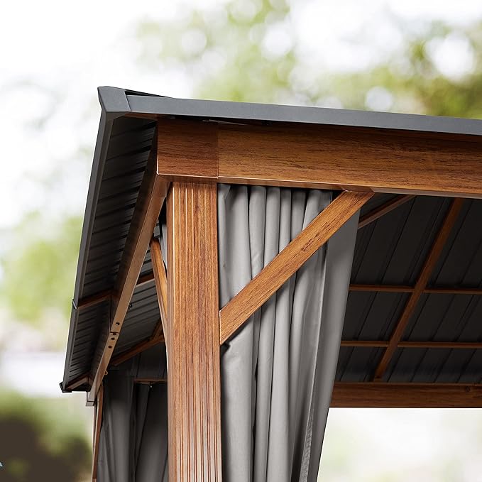 TOOLPORT Hardtop Gazebo 10x10 ft - Wood-Effect Finish - Steel Roof - 4 Side Panels in Gray