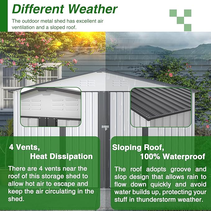 8x10 FT Outdoor Storage Shed, Metal Garden Shed with Lockable Hinged Doors, Outside Tool Shed with Sloped Roof & 4 Air Vents, Waterproof Storage Building for Backyard, Patio, Lawn, White