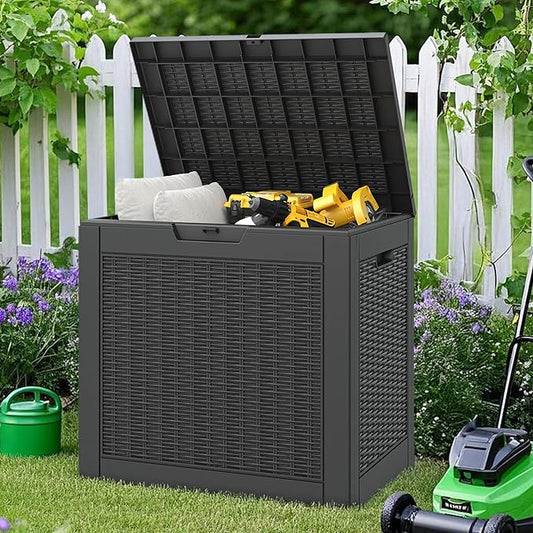 NUNU LAB 31 Gallon Outdoor Storage Box Waterproof, Outside Package Delivery Deck Boxes with Lockable Lid, Backyard Storage Bin For Garden Tools, Patio Cushions, Black