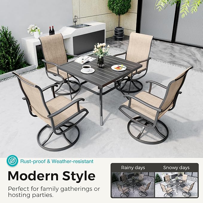 5-Piece Outdoor Dining Set, Patio Furniture Set with Textilene Swivel Chairs, Outdoor Table & 4 Chairs for Garden, Backyard, Poolside, Deck, Beige