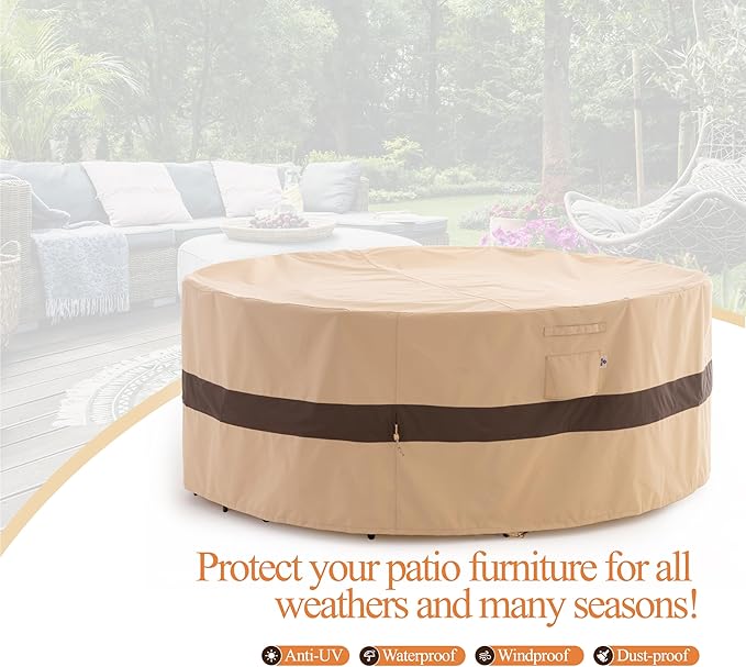WJ-X3 Round Patio Furniture Cover, 62" D x 31" H, Waterproof, UV Resistant, Anti-Fading Outdoor Cover for Round Dining Table and Chairs Set, Beige & Coffee