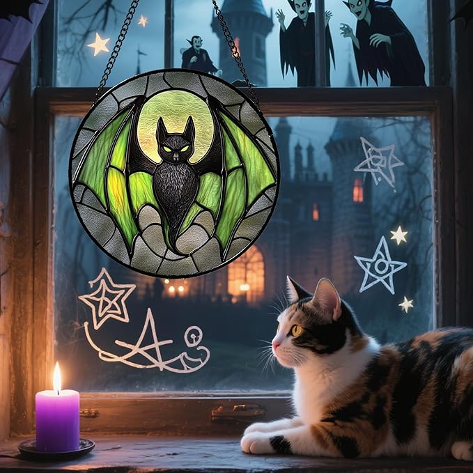 CRISGIF Stained Glass Window Hanging - Halloween Black Bat Green Wings Monster Suncatcher for Doors Garden Home Spooky Sun Catchers Gothic Decor Horror Gift for Women Men Friend Boy Girl 7.8 in