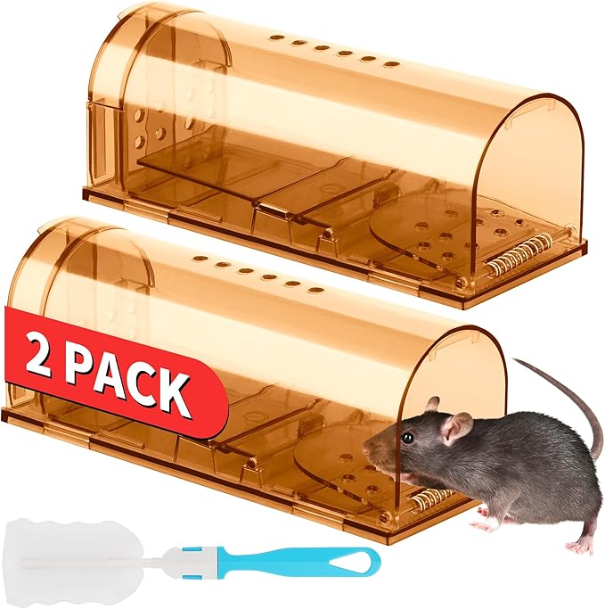 LULUCATCH Humane Mouse Traps 2 Pack, Live Mouse Traps, Catch and Release Mouse Traps Indoor for Home, Reusable with Cleaning Brush, No Kill Mole Squirrel Rat Traps for House & Outdoors, Pet Safe