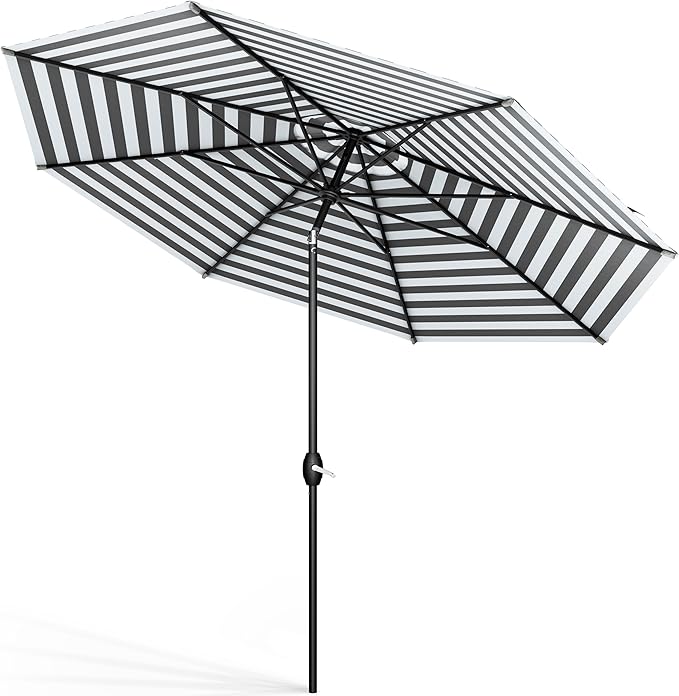 MIDTOWN UMBRELLAS The Lean 6 Feet Outdoor Umbrella With Terylast Matter Stripes (Grey/White Stripes) Polyester Fabric - Auto-Tilt Aluminum Frame Patio Umbrella For Deck, Garden, Pool - Black Pole