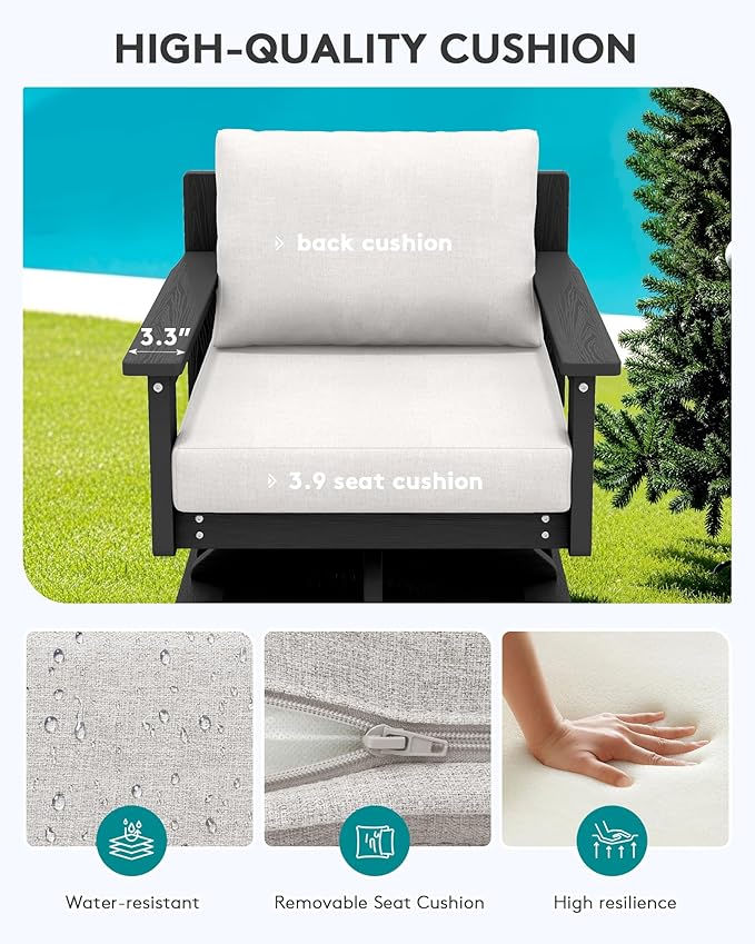 SERWALL HDPE Outdoor Patio Furniture Set, 8-Piece Outdoor Sectional Sofa with 2 Single Seat Swivel Sofas with Thick Cushions for Lawn, Deck, Black Frame with Beige Cushions