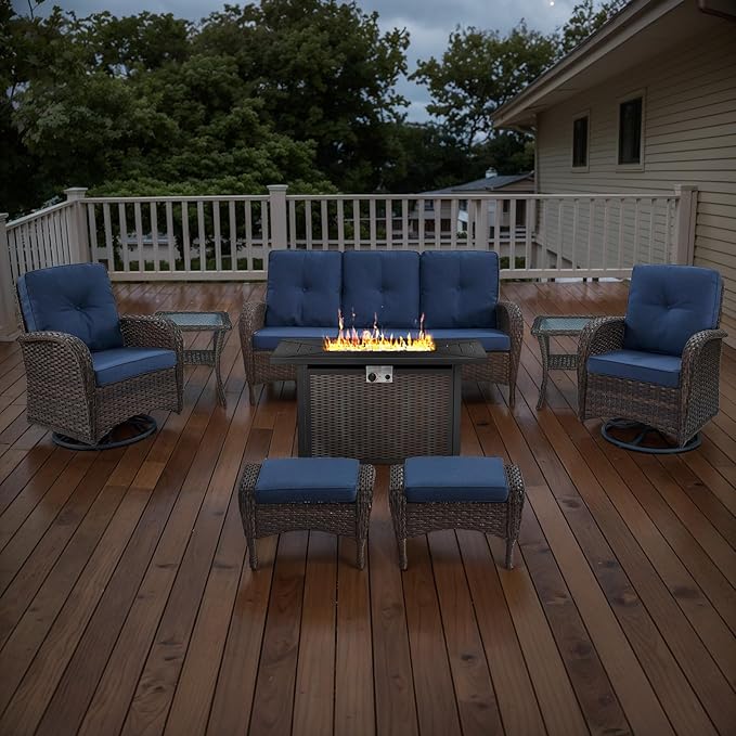 Belord 8 Piece Patio Furniture Set with 50000 BTU Propane Fire Pit Table, Outdoor Conversation Set with 2 Swivel Rocker Chairs Wicker Sofa and Ottomans for Casual Gatherings