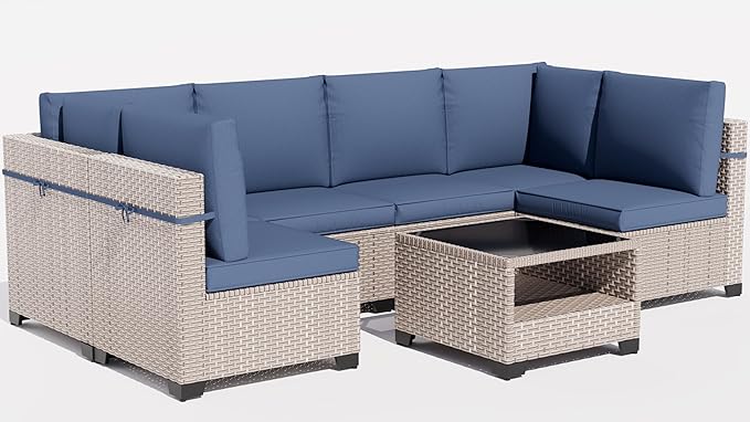 11 Pieces Patio Furniture Set, Outdoor Sectional Wicker Sofa with Thick Cushions and Storage Coffee Table, Rattan Patio Conversation Sets for Deck Garden Poolside, Navy