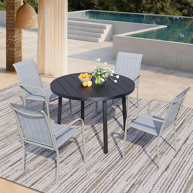 5 Pieces Patio Dining Set for 4, Beige Blue Patio Stackable Chairs and Black Round Table Set of 4, Outdoor Furniture Set with Sling Support for Outside, Garden