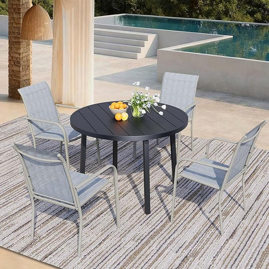 5 Pieces Patio Dining Set for 4, Beige Blue Patio Stackable Chairs and Black Round Table Set of 4, Outdoor Furniture Set with Sling Support for Outside, Garden