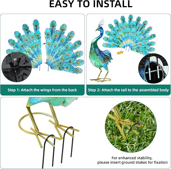 Ultym 27.5in Tall Metal Peacock Garden Statue - Handmade, 3D Textured, Tail Spread Sculptures for Patio, Garden or Entryway.