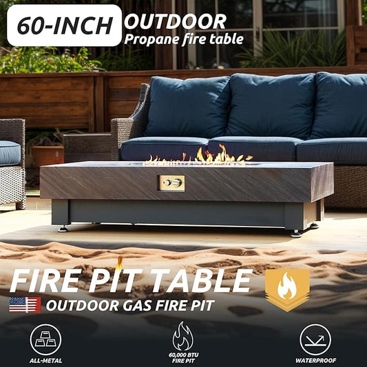 60" Propane Fire Pit,Outdoor Gas Fire Pit Table with Rain Cover,Rectangular Heater for Patio, Backyard, Deck,60,000BTU Outdoor Modern Patio Fire Pit. (Stone)
