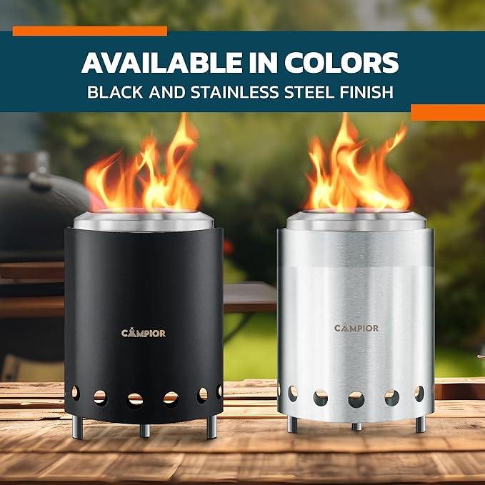 Wood Burning Fire Pit Stove with Black Exterior - Smokeless Outdoor Stove for Efficient Wood Fires, Camping, and Gatherings, Stainless Steel with Removable Ash Pan, Stand and Carry Bag