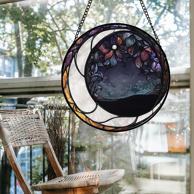 JOSUMALY Stained Glass Window Hanging - Black and White Moon Sun Catcher for Door Terrace Garden Home Decor, Abstract Plant Flower Suncatcher Birthday Gifts for Lovers Women Men Dad Mom Nana 7.8 in