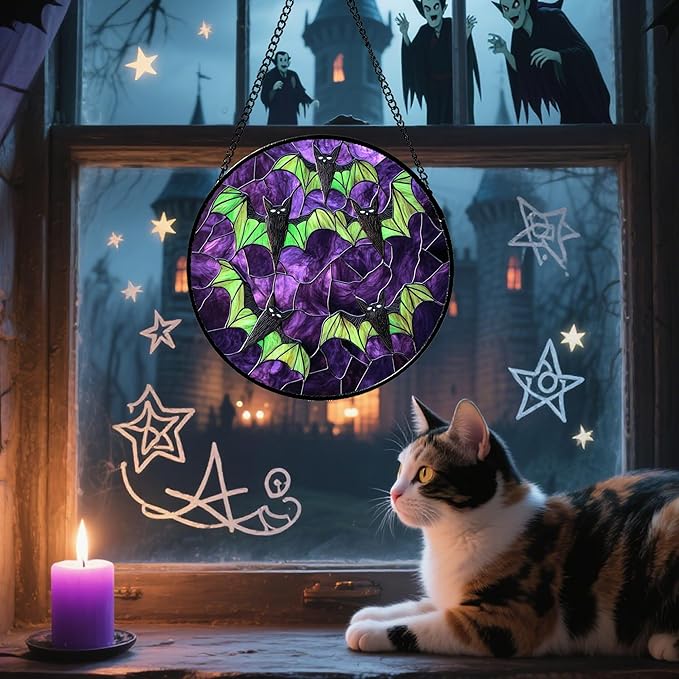 CRISGIF Stained Glass Window Hanging - Halloween Decorations Black Bat with Green Wings Suncatcher for Doors Garden Indoor Spooky Sun Catchers Gothic Decor Horror Gifts for Women Men Friend 6.3 in