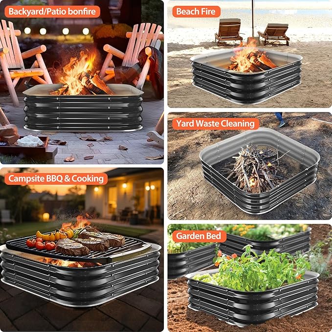 Fire Pit Ring,36in Heavy Duty Square Firepit for Outside,11'' Tall Galvanized Steel Wood Burning Bonfire Pits,Portable Outdoor Fireplaces for Backyard,Camping,Patio,Beach