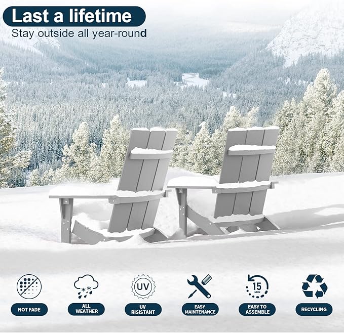MXIMU Modern Adirondack Chairs Set of 2 Weather Resistant with Cup Holder Oversize Plastic Fire Pit Chairs Adorondic Plastic Outdoor Chairs for Firepit Area Seating (Grey)