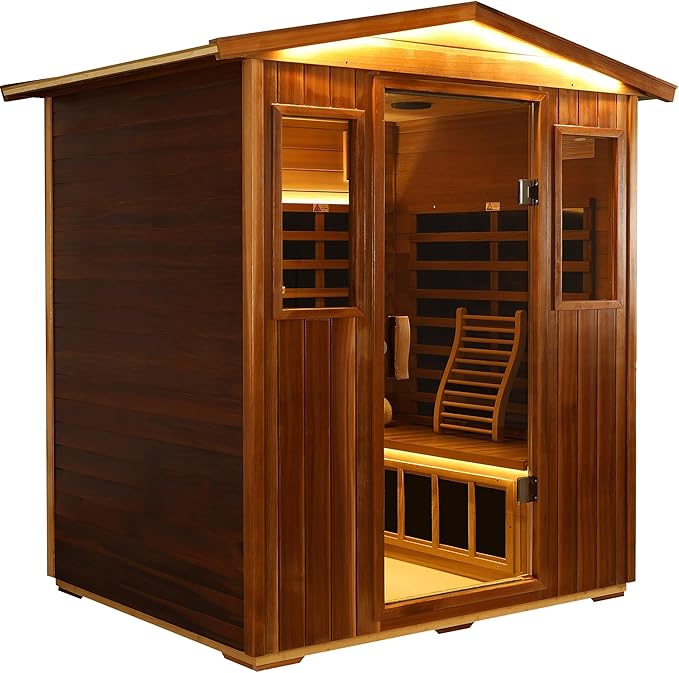 LTCCDSS Ultra-Low EMF Red Cedar Sauna 4 Person, Outdoor Far Infrared Sauna for Home, EMF 0.1-1mG, Bluetooth & Chromotherapy, Speakers (68.1 * 52.4 * 82.7 inch)
