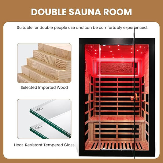 2 Person Far Infrared Home Sauna Low EMF 2000W 110V Wooden Indoor Dry Sauna with Red Light Therapy Bluetooth Speakers 47.24"x41.34"x74.8"