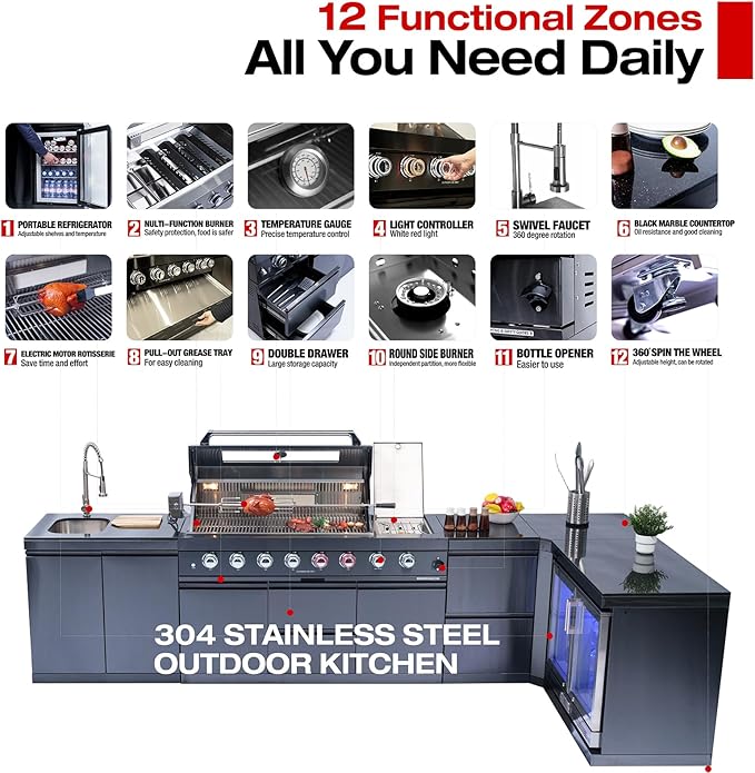 BBQ Grill Island Outdoor Kitchen: Luxury 160 Inch 6-Burner 96000 BTU Stainless Steel Built-in Propane Gas Barbecue Station with Wine Cooler Refrigerator, Rotisserie, Storage Cabinets, Drawers, Sink