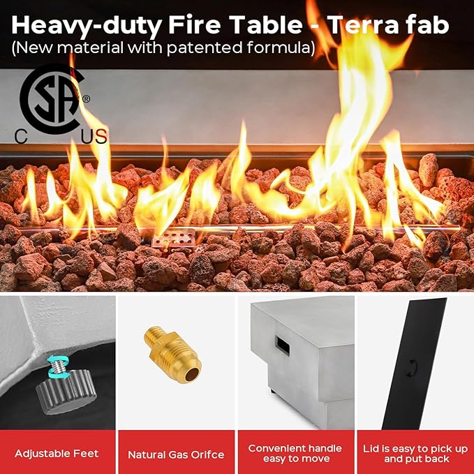 60 Inch Outdoor Propane Fire Pit Table with Wind Guard, 50,000 BTU Natural Gas Firepit for Outside Patio Rectangular Concrete Fire Table with Steel Lid, Lava Rock, Rain Cover