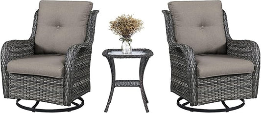 Belord 3 PCS Patio Furniture Set - Mixed Grey Wicker Swivel Rocking Chair Set with Side Table