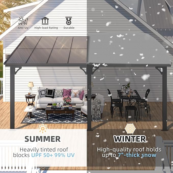 AECOJOY 10' x 16' Adjustable Height Outdoor Lean to Gazebo Pergola for Patio, Large Wall-Mounted 8.1-9.8 Ft Hard Top Metal Heavy Duty Metal Awnings Shelter Pergolas and Gazebos Clearance with Roof