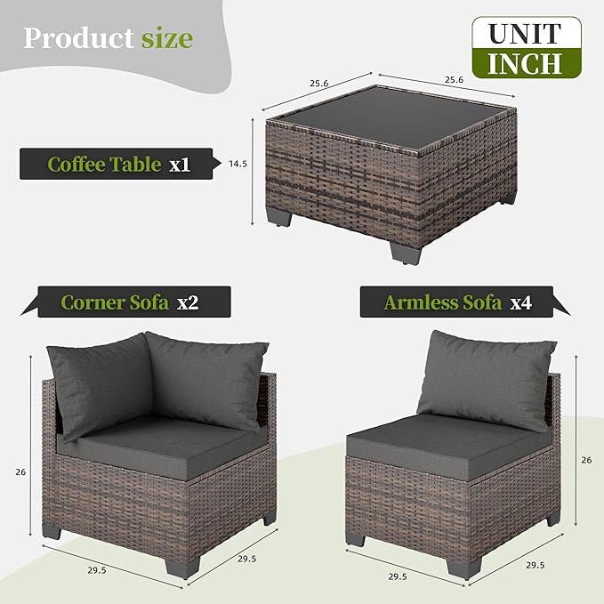 7 Pieces Patio Furniture Set - Outdoor Sectional Wicker Rattan Furniture with Cushion and Glass Table Patio Conversation Sets for Porch Poolside Backyard Outdoor Sofa Set Modular Sofa