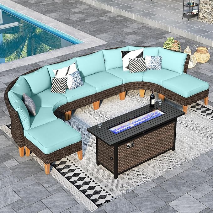 Sophia & William Patio Furniture Set with Fire Pit Table, 9 Piece Half Moon Outdoor Wicker Sectional Sofa Set, Rattan Conversation Set with 56-Inch Fire Pit Table for Backyard, Deck, Pool(Aqua Blue)