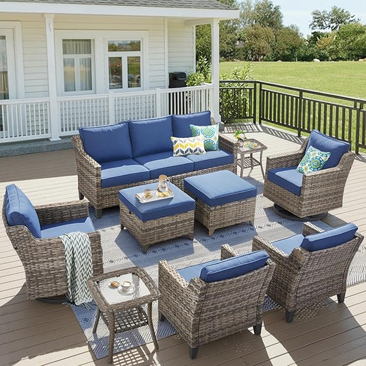 9 Piece Outdoor Patio Furniture Set-All Weather Outdoor Conversation Sets Sectional Sofa with Wicker Swivel Rocker Patio Chairs, Comfy Cushions Ottomans for Porch Balcony Patio Deck Grey/Blue
