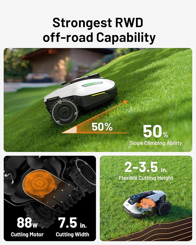 Mammotion YUKA Mini 500H Robotic Lawn Mower Reception 0.12 Acre,Max. 0.25 Acre, Ultrasense AI Vision+ RTK Positioning, Auto Mapping, App Control, 50% Slope, Cutting Height 2''~3.5'', 15 Mowing Zones