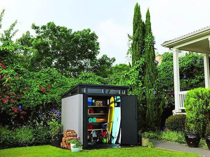 Keter Artisan 7 x 7 Foot Large Modern Design Outdoor Shed with Floor for Outdoor Furniture, Lawn Equipment, Bikes, and Gardening Tools, Gray