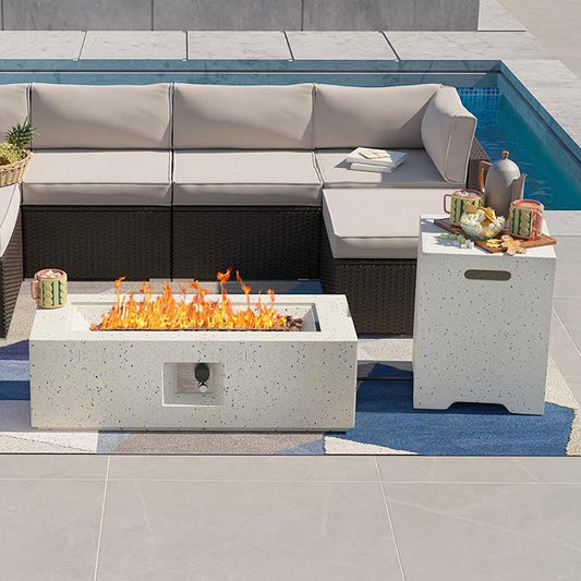 SUNBURY Outdoor Propane Fire Pit Table, 42 Inch Rectangular Firepit 40,000 BTU Heater Spotted White Patio Gas Fire Table Set with Conrete Tank Cover Small Side Table for Outside Poolside Deck