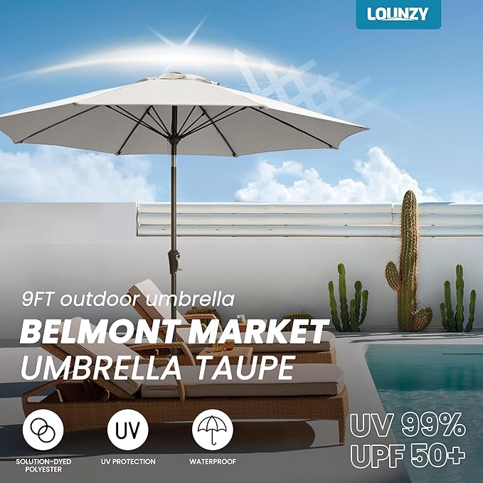 LOUNZY 9FT Large Outdoor Patio Umbrella Table Umbrella-UV Resistant,Easy Push Button Tilt and Crank,8 Sturdy Fiberglass Ribs Pool Umbrella for Patio,Backyard,Deck,Yard,Market