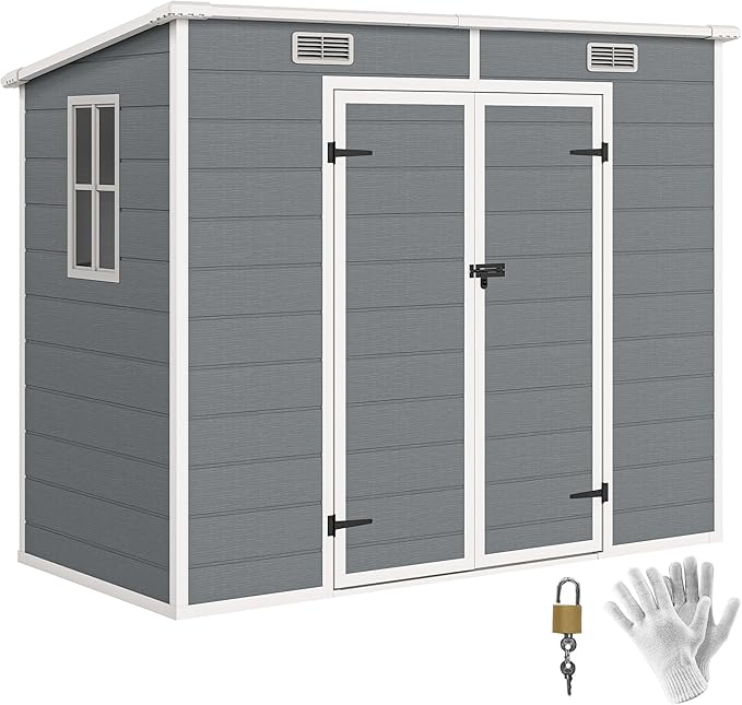 Outsunny 8' x 4' Outdoor Storage Shed, Plastic Shed with Vent, Window and Double Lockable Doors, Utility Resin Shed for Patio, Backyard, Lawn, Garage, Gray