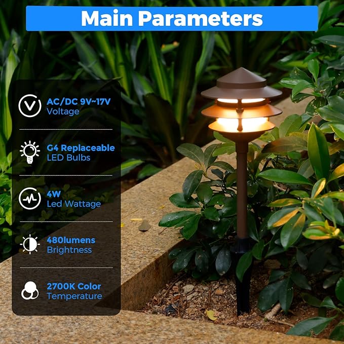 Gardencoin Pagoda Low Voltage Landscape Pathway Lights, 12V Outdoor LED Path Lights Wired, Aluminum Walkway Lighting with 4W 2700K Replaceable G4 Bulb, Bronze Classic 3-Tier Lantern, 12 Pack