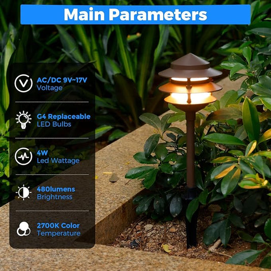 Gardencoin Pagoda Low Voltage Landscape Pathway Lights, 12V Outdoor LED Path Lights Wired, Aluminum Walkway Lighting with 4W 2700K Replaceable G4 Bulb, Bronze Classic 3-Tier Lantern, 12 Pack