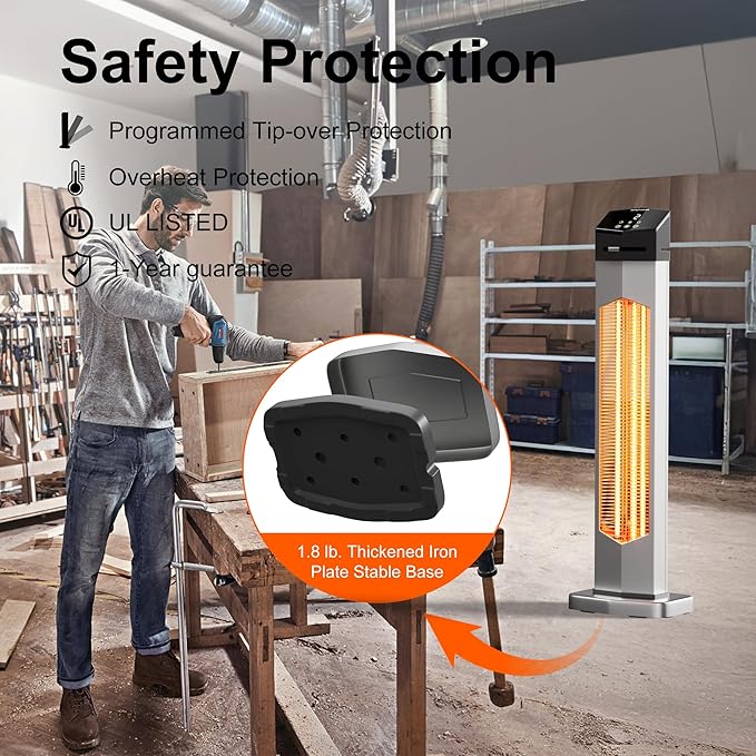 Outdoor Heaters for Patio,1500W Electric Infrared Radiant Heater with Remote,37IN Portable Tower Space Heater with 12H Timer,Tip-over Protection for Garage,Backyard,Porch,Indoor,Silver-gray