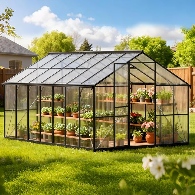 8x14 FT Greenhouses for Outdoors, Polycarbonate Greenhouse, Easy Assembly Aluminum Green Houses for Outside Heavy Duty, Snow-Resistant Walk-in Winter Greenhouse for Garden Backyard